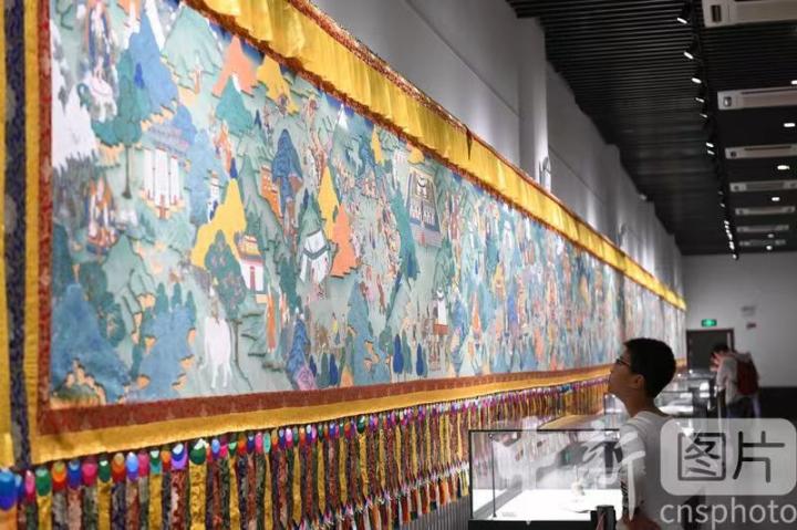 圖為一名小朋友觀看唐卡《涼州會盟》。 中新社記者 戴文昌 攝