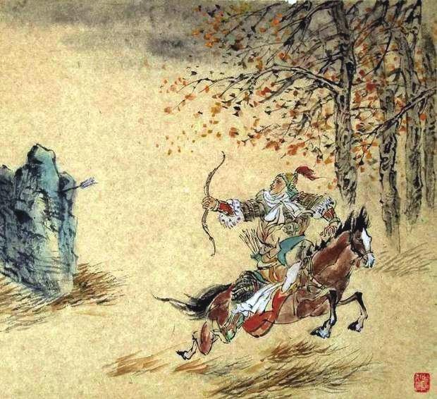 “林暗草驚風(fēng)，將軍夜引弓。”畫作